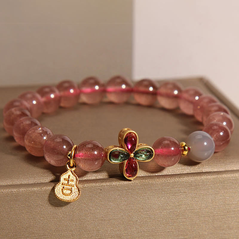 Buddha Stones Strawberry Quartz Four-leaf Clover Lucky Gourd Healing Bracelet - image 1