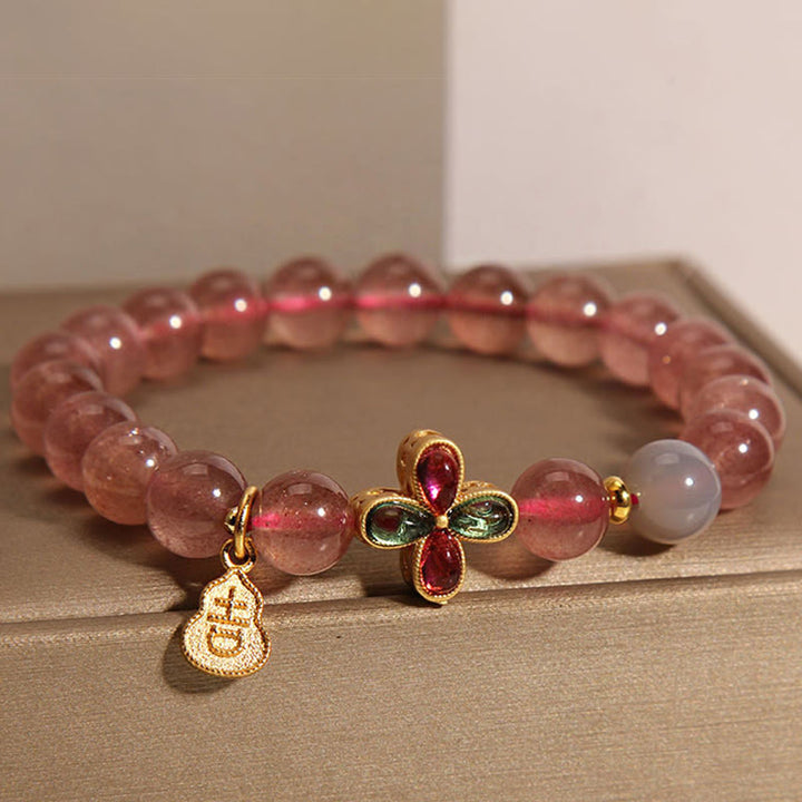 Buddha Stones Strawberry Quartz Four-leaf Clover Lucky Gourd Healing Bracelet - image 1