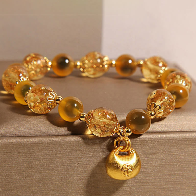 Buddha Stones Yellow Candy Agate Fu Character Blessing Bag Healing Bracelet - image 1