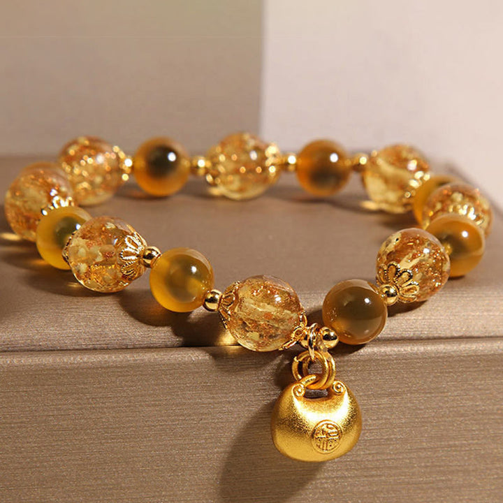Buddha Stones Yellow Candy Agate Fu Character Blessing Bag Healing Bracelet - image 1
