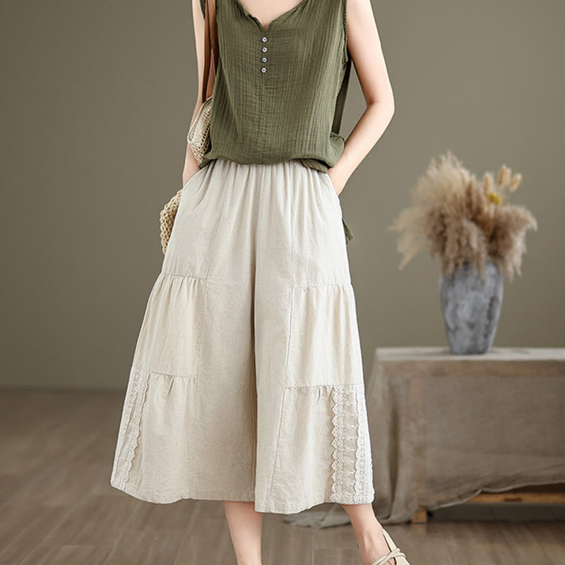 Buddha Stones Casual Plain Lace Splicing Cotton Linen Women's Cropped Wide Leg Pants With Pockets - image 1