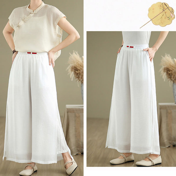 Buddha Stones Casual Vintage Side Slit Hem Design Cotton Linen Women's Wide Leg Pants With Pockets - image 14