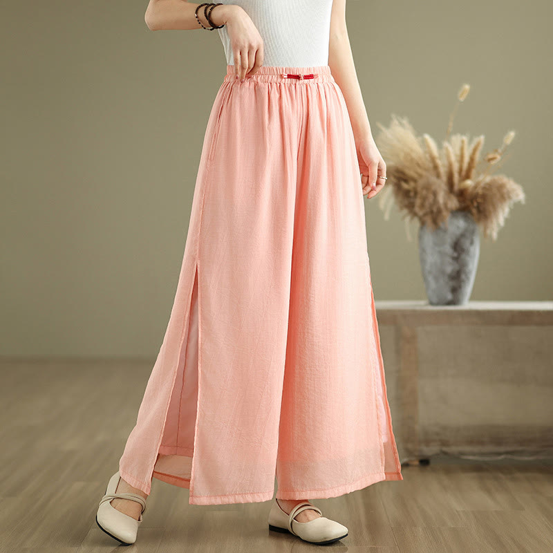 Buddha Stones Casual Vintage Side Slit Hem Design Cotton Linen Women's Wide Leg Pants With Pockets - LightSalmon - US8-10，UK/AU12-14，EU40-42 (2XL) - image 0