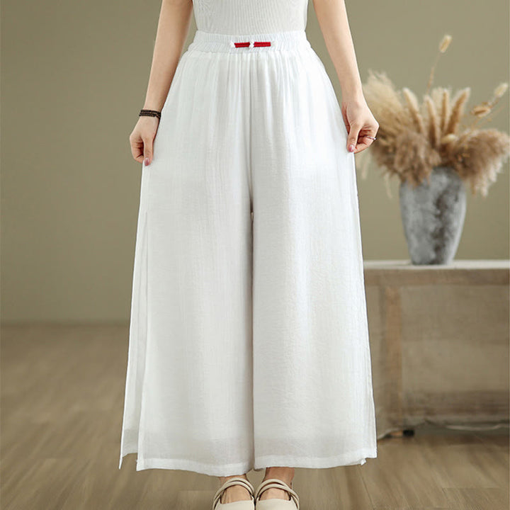 Buddha Stones Casual Vintage Side Slit Hem Design Cotton Linen Women's Wide Leg Pants With Pockets - image 11