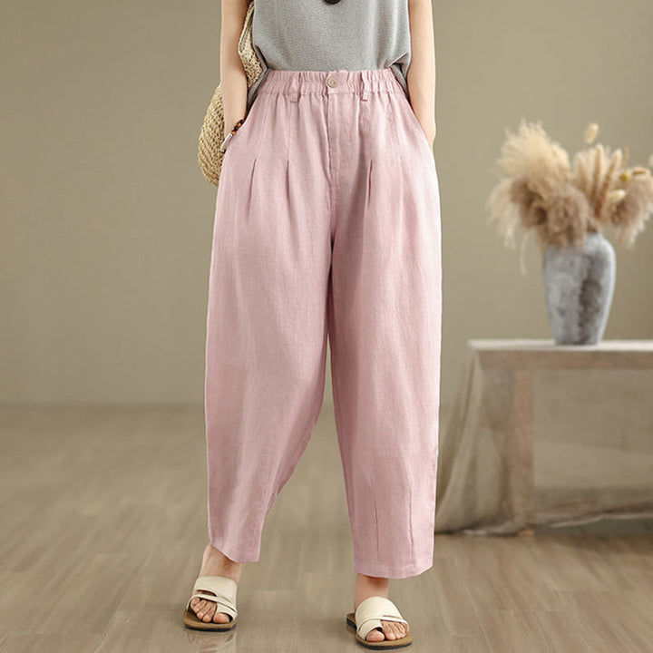 Buddha Stones Casual Summer Solid Color High Waist Women's Cotton Linen Harem Pants With Pockets - image 14