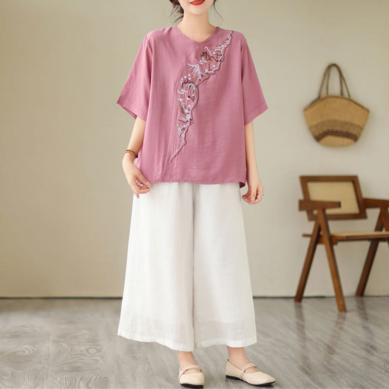 Buddha Stones Ethnic Casual Embroidered Geometry Pattern Women's Crew Neck Design Half Sleeve T-Shirt - image 5