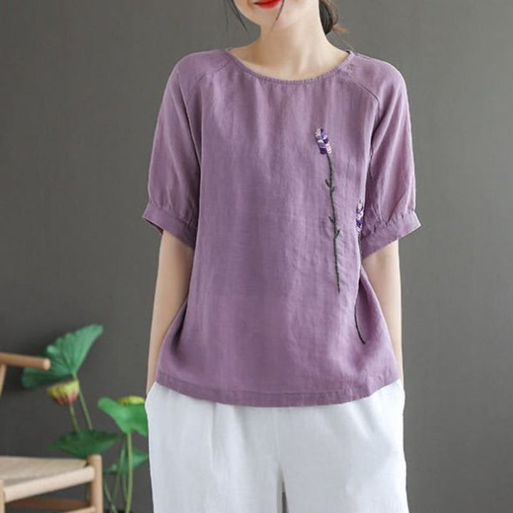 Buddha Stones Summer Vintage Embroidered Flower Pattern Women's Crew Neck Design Cotton Linen T-Shirt - image 1