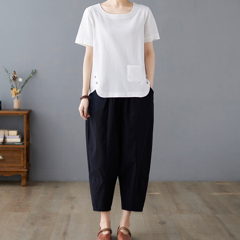 Buddha Stones Side Slit Design Women's Cotton Polyester Crew Neck Short Sleeve T-Shirt Wtih Pocket - image 16