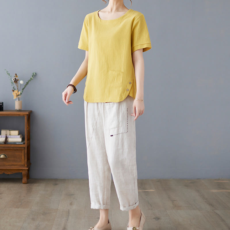 Buddha Stones Side Slit Design Women's Cotton Linen Crew Neck Short Sleeve T-Shirt Wtih Pocket - image 5