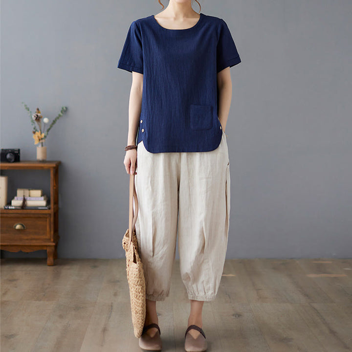 Buddha Stones Side Slit Design Women's Cotton Polyester Crew Neck Short Sleeve T-Shirt Wtih Pocket - image 23