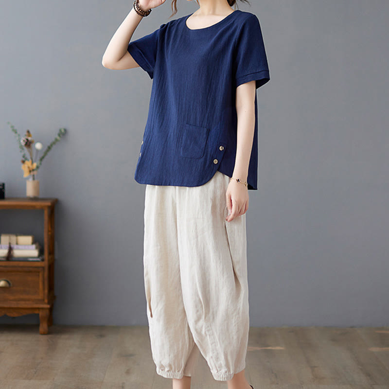 Buddha Stones Side Slit Design Women's Cotton Polyester Crew Neck Short Sleeve T-Shirt Wtih Pocket - image 25