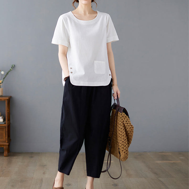 Buddha Stones Side Slit Design Women's Cotton Polyester Crew Neck Short Sleeve T-Shirt Wtih Pocket - image 18
