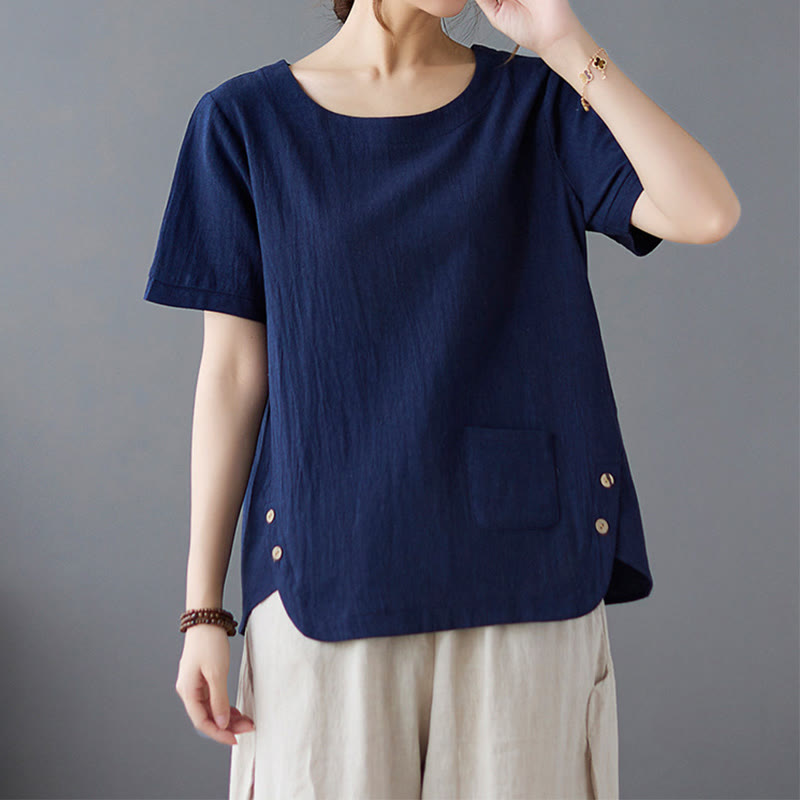 Buddha Stones Side Slit Design Women's Cotton Linen Crew Neck Short Sleeve T-Shirt Wtih Pocket - Navy - US14，UK/AU18，EU46 (4XL) - image 19