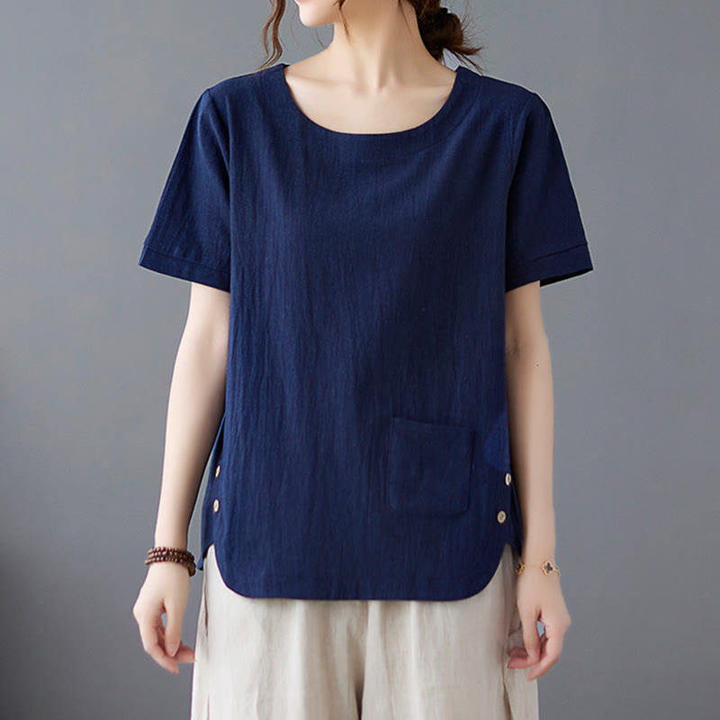 Buddha Stones Side Slit Design Women's Cotton Polyester Crew Neck Short Sleeve T-Shirt Wtih Pocket - image 21