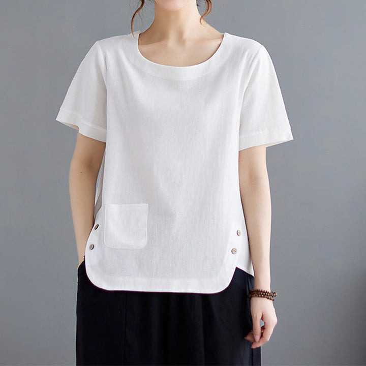 Buddha Stones Side Slit Design Women's Cotton Linen Crew Neck Short Sleeve T-Shirt Wtih Pocket - image 15