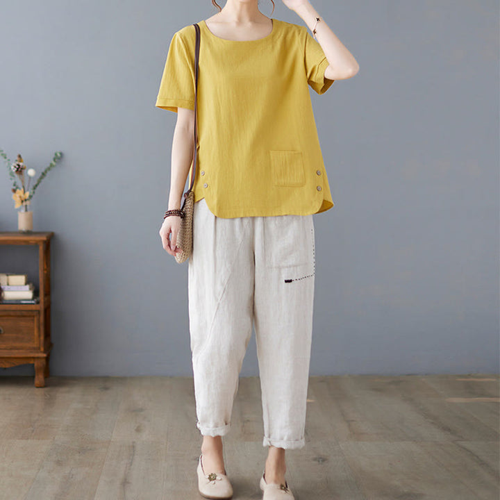 Buddha Stones Side Slit Design Women's Cotton Linen Crew Neck Short Sleeve T-Shirt Wtih Pocket - image 7