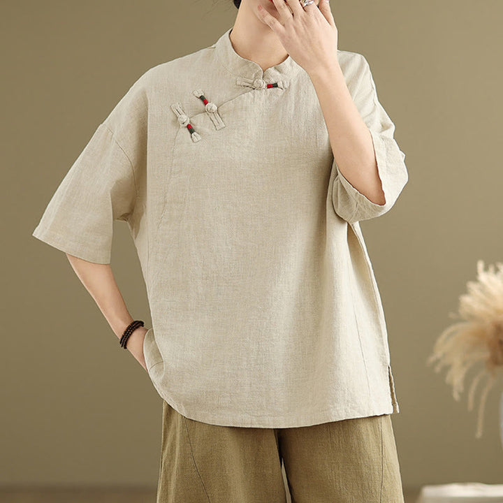 Buddha Stones Plain Chinese Frog-Button Stand Collar Design Women's Cotton Linen Half Sleeve Shirt - LemonChiffon - US8-10，UK/AU12-14，EU40-42 (2XL) - image 0