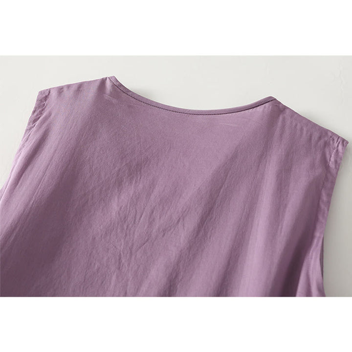 Buddha Stones Solid Color Accordion Design Sleeveless Cotton Midi Dress With Pockets - image 3