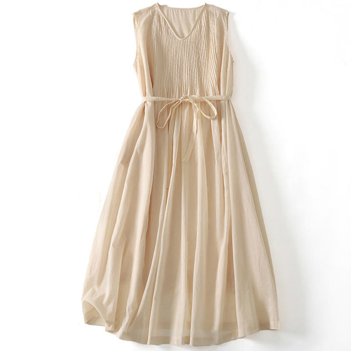 Buddha Stones Solid Color Accordion Design Sleeveless Cotton Midi Dress With Pockets - LightGoldenrodYellow - US8-10，UK/AU12-14，EU40-42 (2XL) - image 11