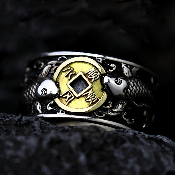 Buddha Stones Adjustable Opening 925 Sterling Silver Lucky Koi Fish Copper Coin Auspicious Clouds Wealth Ring - 8.7-9.0 in(22.2-22.8cm) - image 0