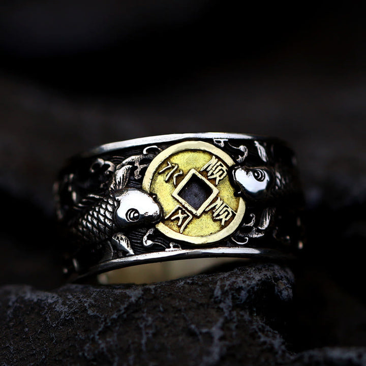 Buddha Stones Adjustable Opening 925 Sterling Silver Lucky Koi Fish Copper Coin Auspicious Clouds Wealth Ring - image 10