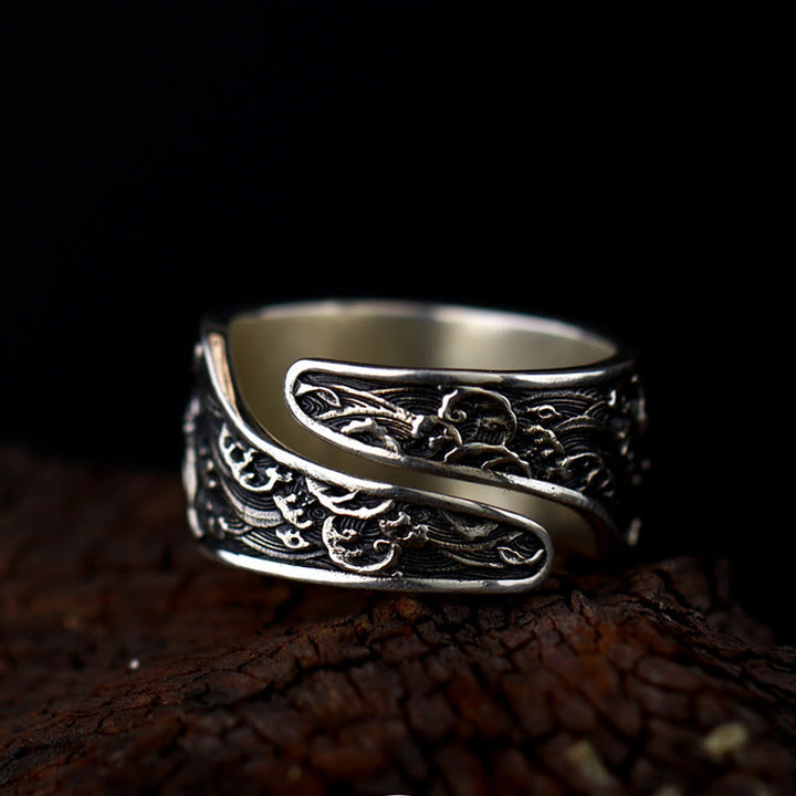 Buddha Stones Adjustable Opening 925 Sterling Silver Lucky Koi Fish Copper Coin Auspicious Clouds Wealth Ring - image 3
