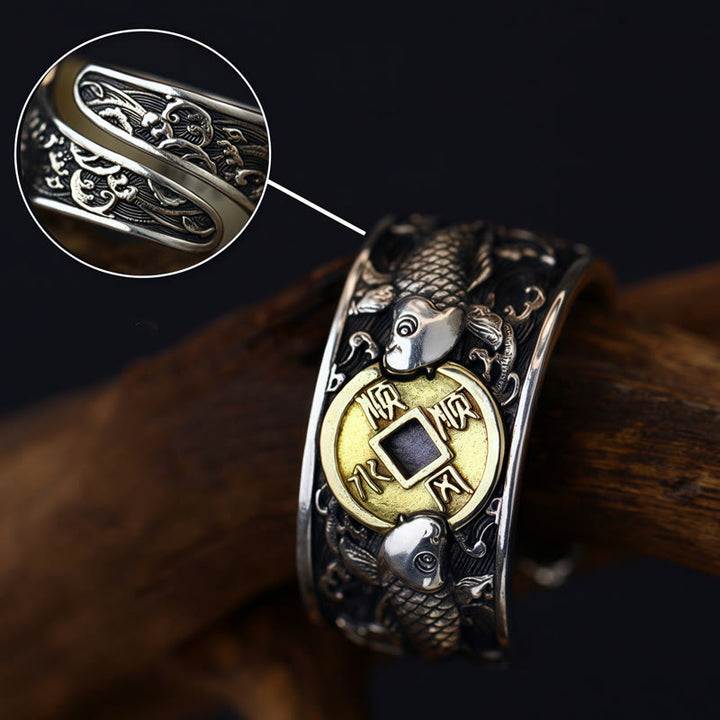 Buddha Stones Adjustable Opening 925 Sterling Silver Lucky Koi Fish Copper Coin Auspicious Clouds Wealth Ring - image 15