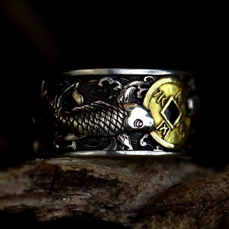 Buddha Stones Adjustable Opening 925 Sterling Silver Lucky Koi Fish Copper Coin Auspicious Clouds Wealth Ring - image 1