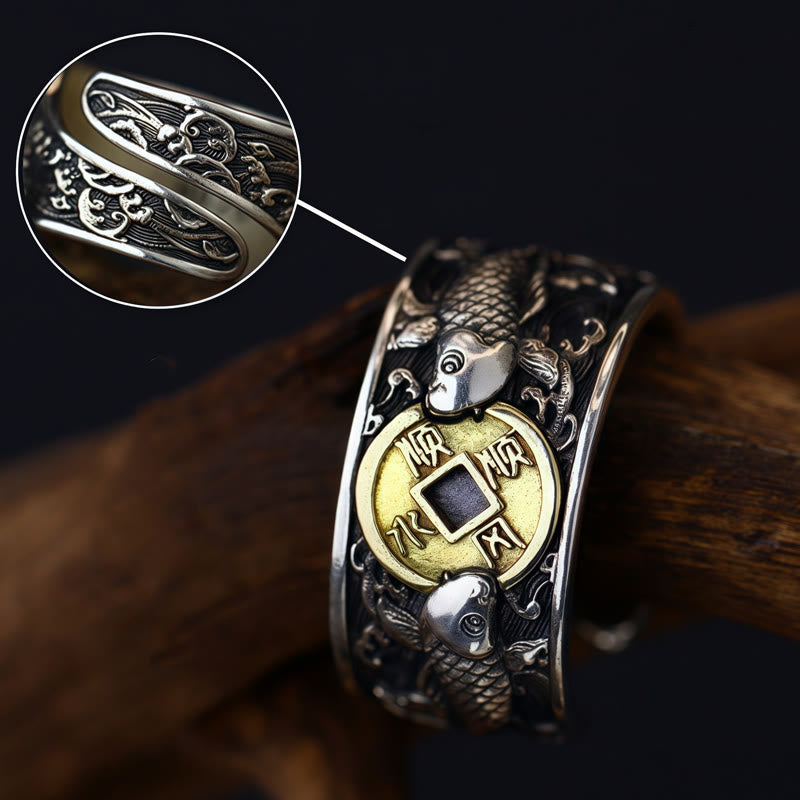 Buddha Stones Adjustable Opening 925 Sterling Silver Lucky Koi Fish Copper Coin Auspicious Clouds Wealth Ring - image 15