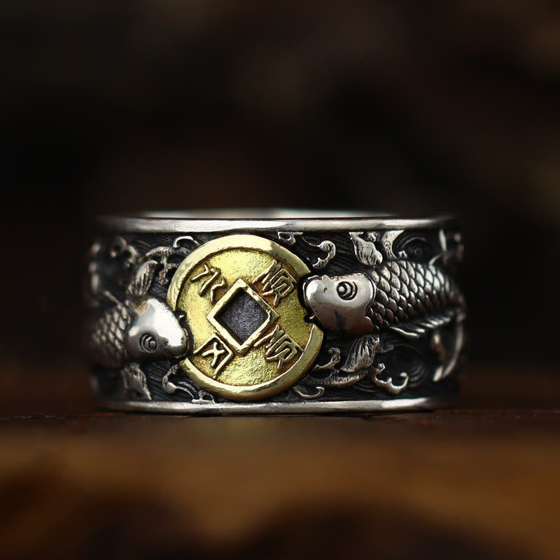Buddha Stones Adjustable Opening 925 Sterling Silver Lucky Koi Fish Copper Coin Auspicious Clouds Wealth Ring - image 13