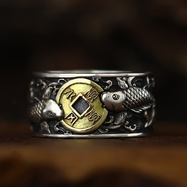 Buddha Stones Adjustable Opening 925 Sterling Silver Lucky Koi Fish Copper Coin Auspicious Clouds Wealth Ring - image 13