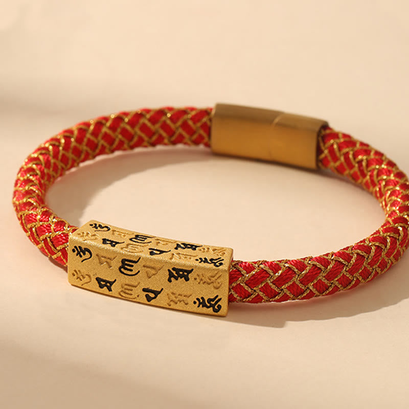 Buddha Stones Tibetan Om Mani Padme Hum Various Colors Rope Gold Thread Diamond Knot Luck Buckle Bracelet - Red Rope - 19cm - image 0