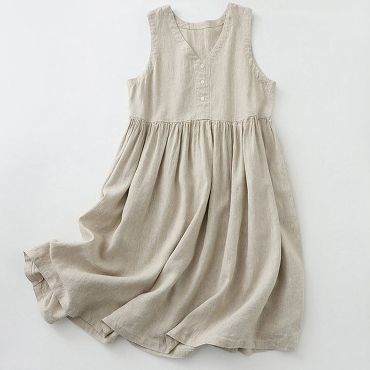 Buddha Stones Daily Casual Pure Color V-Neck Simple Buttons Design Sleeveless Midi Dress - Linen - US14，UK/AU18，EU46 (2XL) - image 0