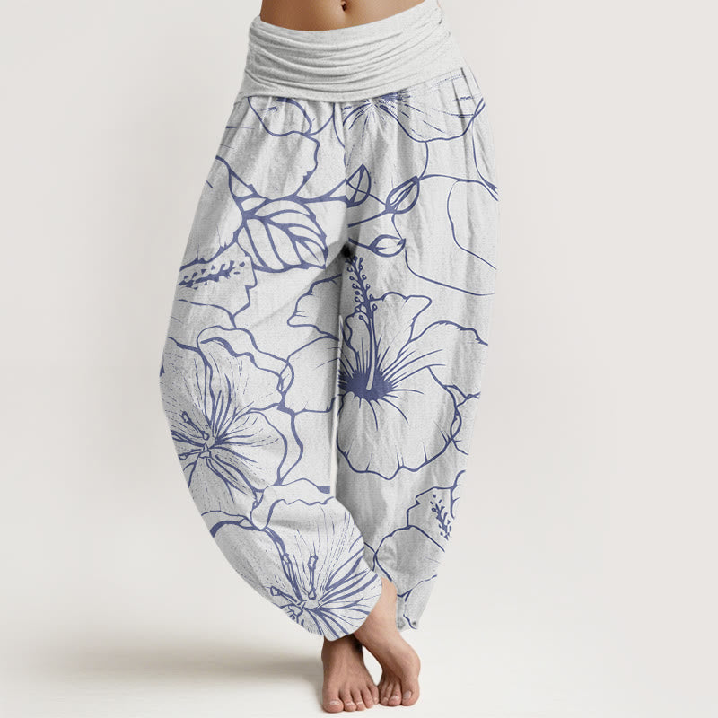 Buddha Stones Morning Glory Flowers Pattern Design Women's Elastic Waist Harem Pants - Snow - US22，UK/AU26，EU54 (6XL) - image 4