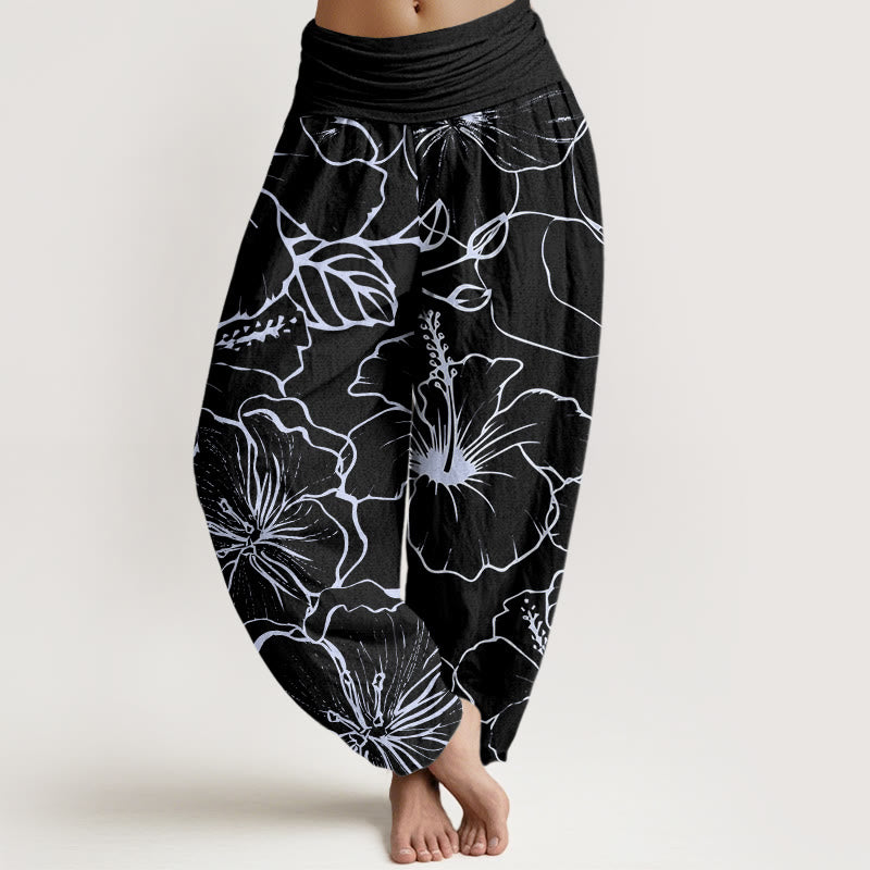 Buddha Stones Cotton Morning Glory Flowers Pattern Design Women's Elastic Waist Harem Pants - Black - US22，UK/AU26，EU54 (6XL) - image 7