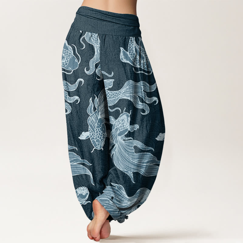 Buddha Stones Koi Fish Waves Pattern Design Women's Elastic Waist Harem Pants - image 1