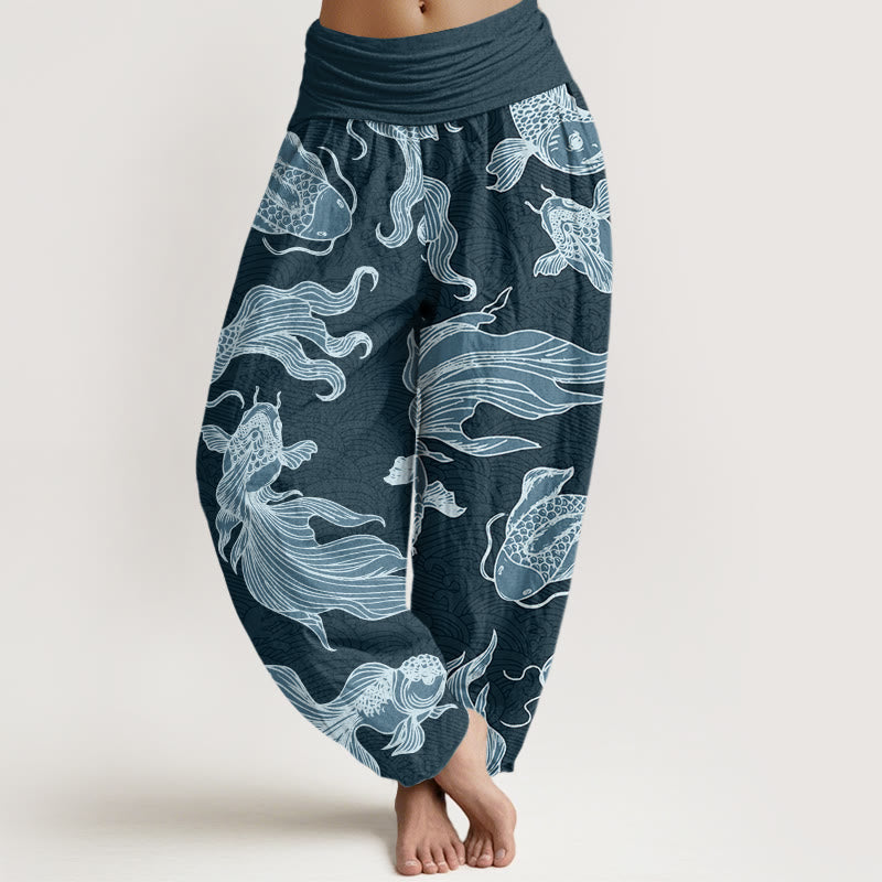 Buddha Stones Koi Fish Waves Pattern Design Women's Elastic Waist Harem Pants - CadetBlue - US22，UK/AU26，EU54 (6XL) - image 0