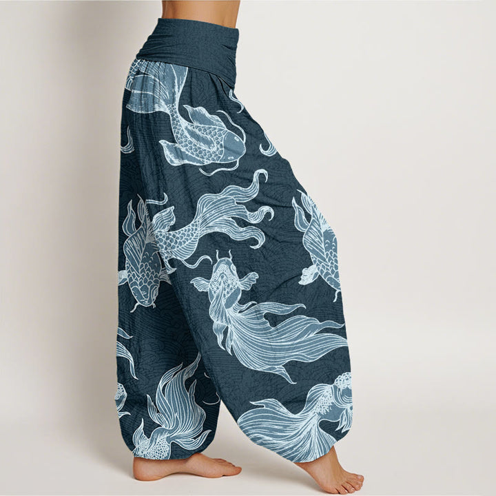 Buddha Stones Koi Fish Waves Pattern Design Women's Elastic Waist Harem Pants - image 2