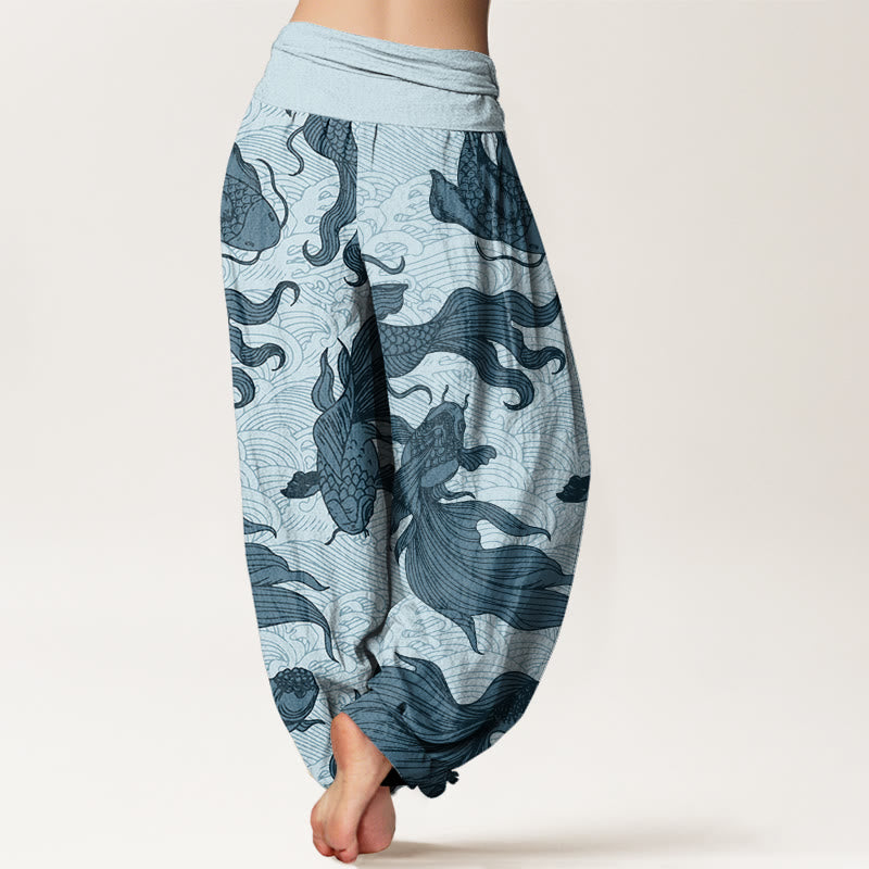 Buddha Stones Koi Fish Waves Pattern Design Women's Elastic Waist Harem Pants - image 5