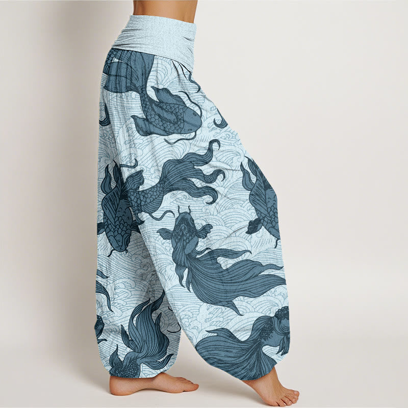 Buddha Stones Koi Fish Waves Pattern Design Women's Elastic Waist Harem Pants - image 6