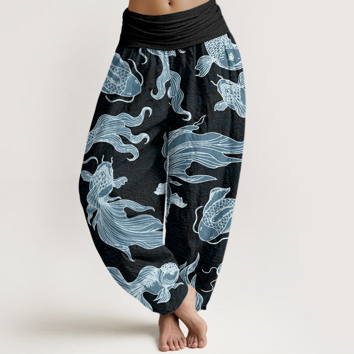 Buddha Stones Koi Fish Waves Pattern Design Women's Elastic Waist Harem Pants - Black - US22，UK/AU26，EU54 (6XL) - image 7