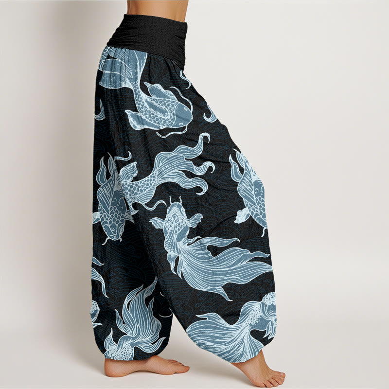 Buddha Stones Koi Fish Waves Pattern Design Women's Elastic Waist Harem Pants - image 9