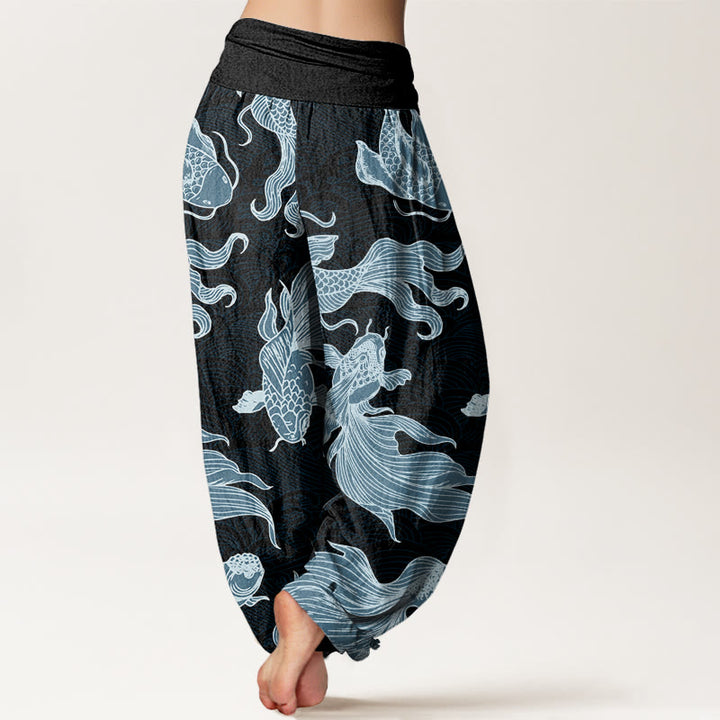 Buddha Stones Koi Fish Waves Pattern Design Women's Elastic Waist Harem Pants - image 8