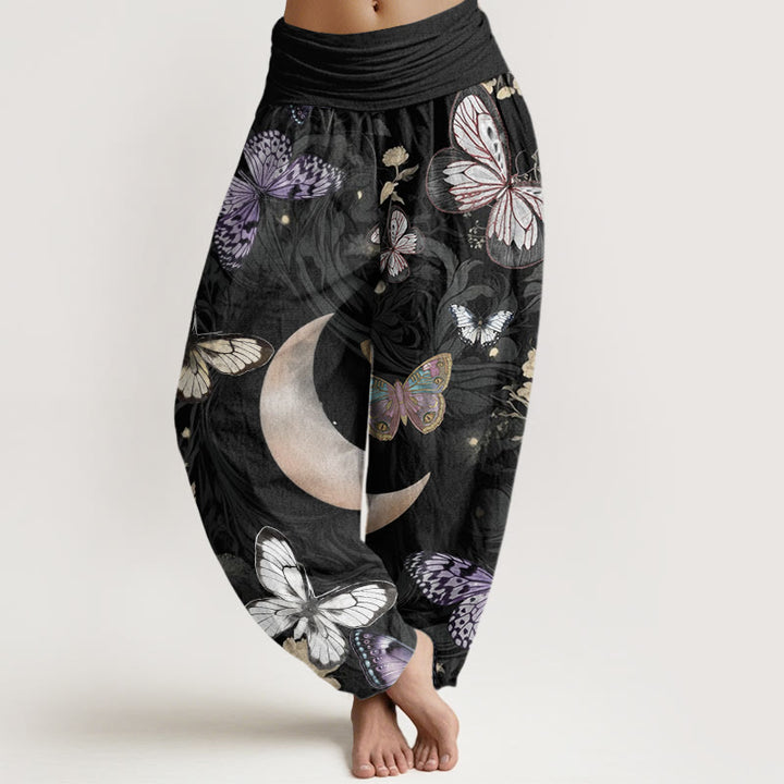 Buddha Stones Cotton Butterfly Flowers Crescent Moon Pattern Design Women's Elastic Waist Harem Pants - Black - US22，UK/AU26，EU54 (6XL) - image 0