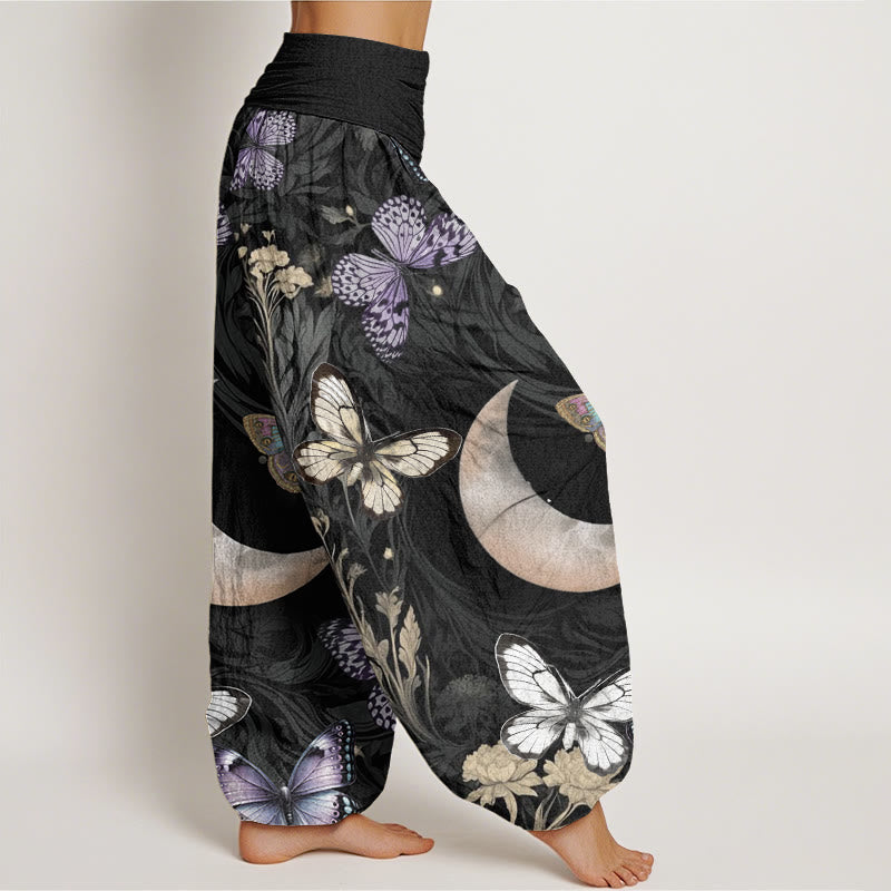 Buddha Stones Cotton Butterfly Flowers Crescent Moon Pattern Design Women's Elastic Waist Harem Pants - image 2
