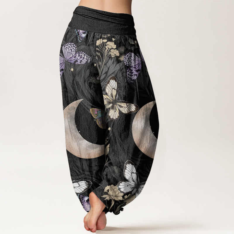 Buddha Stones Cotton Butterfly Flowers Crescent Moon Pattern Design Women's Elastic Waist Harem Pants - image 1