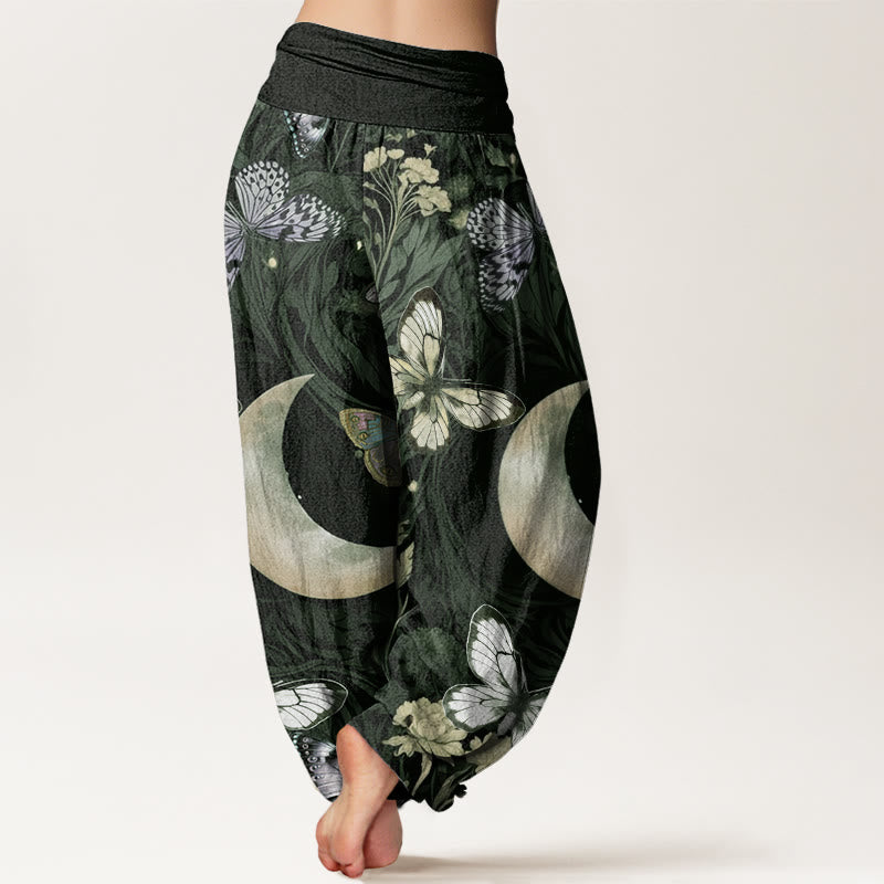Buddha Stones Butterfly Flowers Crescent Moon Pattern Design Women's Elastic Waist Harem Pants - image 5