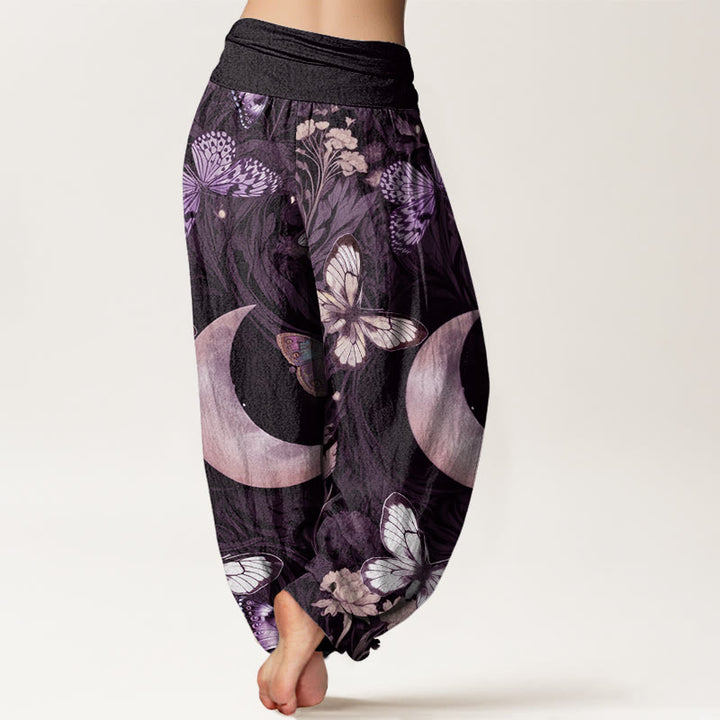 Buddha Stones Butterfly Flowers Crescent Moon Pattern Design Women's Elastic Waist Harem Pants - image 8