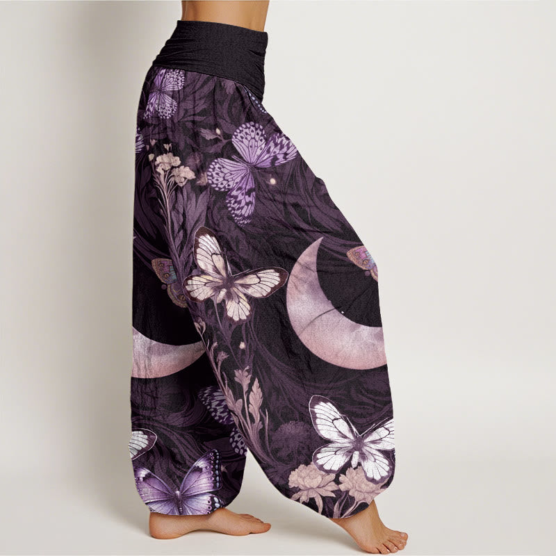 Buddha Stones Cotton Butterfly Flowers Crescent Moon Pattern Design Women's Elastic Waist Harem Pants - image 9