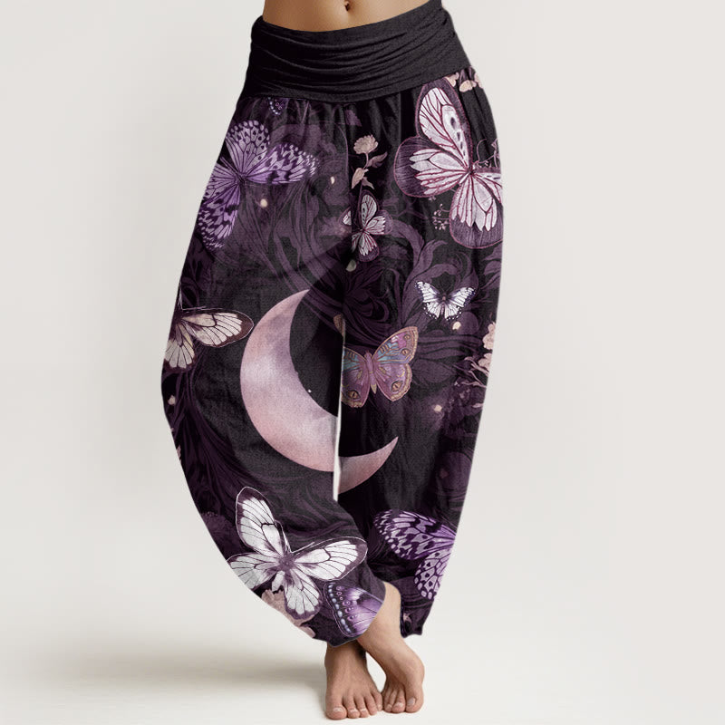 Buddha Stones Butterfly Flowers Crescent Moon Pattern Design Women's Elastic Waist Harem Pants - Plum - US22，UK/AU26，EU54 (6XL) - image 7